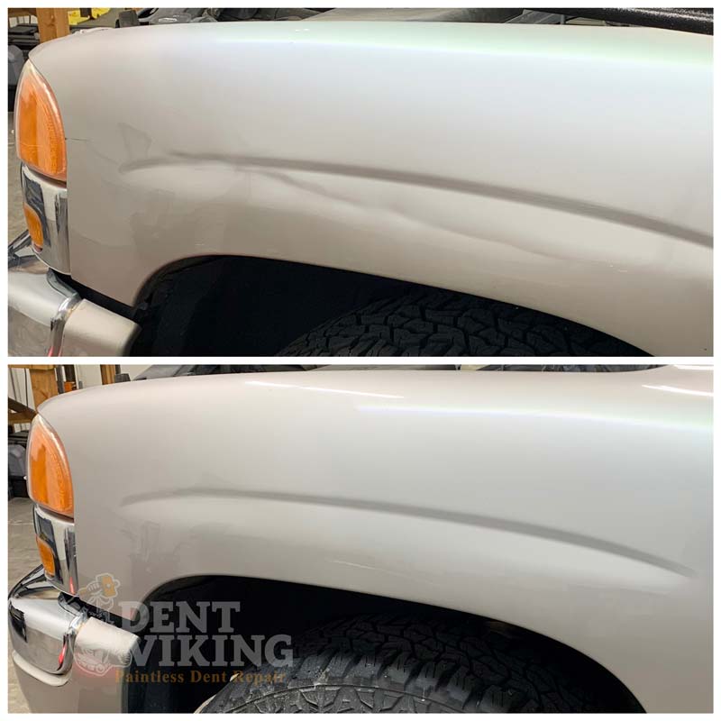 Paintless Dent Repair on GMC Sierra Fender Crease in Spokane