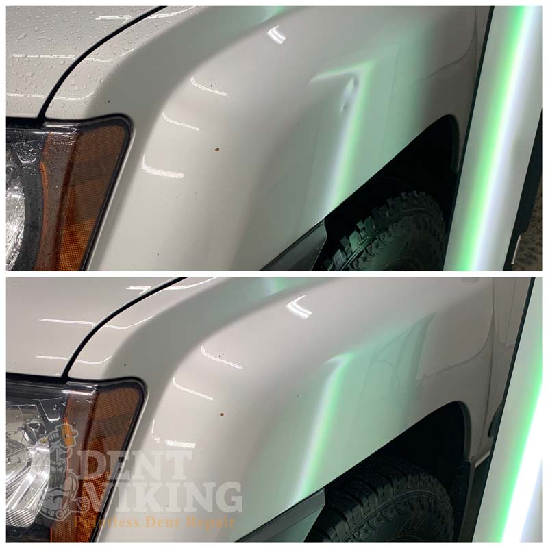 Paintless Dent Repair on Nissan Pathfinder Fender in Post Falls