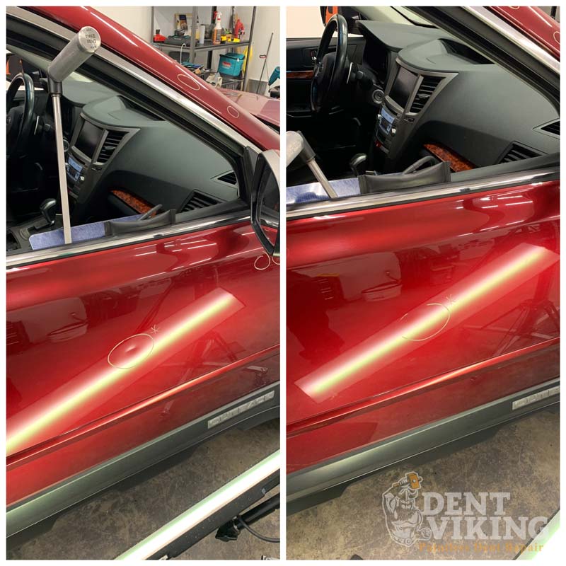 Paintless Dent Repair on Subaru Outback Door Dent in Liberty Lake