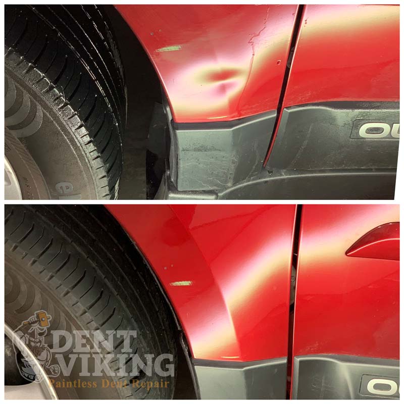 Paintless Dent repair on Subaru Outback Fender in Spokane