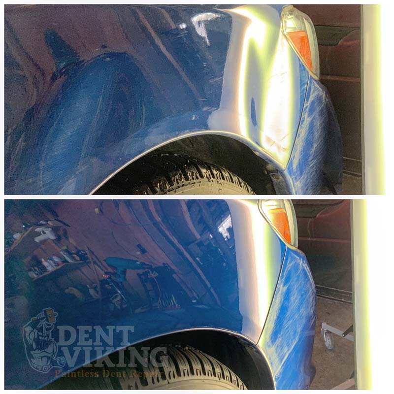 Paintless Dent Repair on Subaru WRX Fender in Liberty Lake